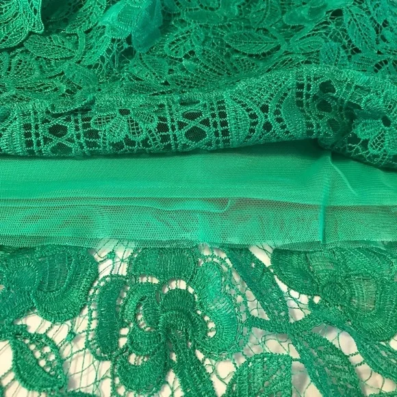 TADASHI SHOJI Jade Green Embroidered Lace Fluted Flare Midi Dress size 6P petite